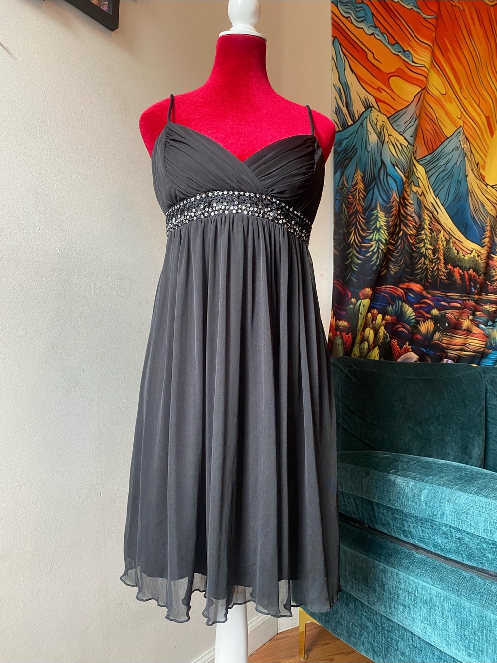 Black Beaded Empire Midi Dress with Spaghetti Straps